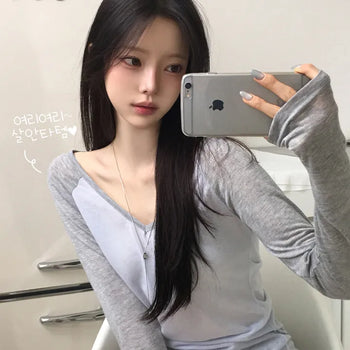 Fit Guaranteed, Contrast Raglan V-Neck See-through Summer Delicate Slim Fit Long Sleeve T-Shirt