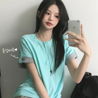 Effortlessly chic, Henley neck button loose fit color-block roll-up short sleeve t-shirt