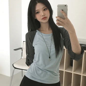 Loose sleeves~ Guaranteed delicate fit, contrasting roll-up 3/4 length raglan round neck delicate slim fit must-have summer long-sleeve t-shirt