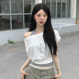 Delicate~ Halter Neck Slim Fit Sleeveless & One-Off Shoulder Lip Neck Cinched Waist Avant-Around Fit Short Sleeve T-shirt Layering Set