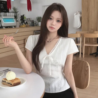 Lace V-Neck Pintuck Strap Back Ribbon Slim Delicate Fit Short Sleeve Blouse