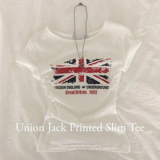 Hip Mood, Vintage Union Jack Print Delicate Slim Fit U-Neck Short Sleeve T-shirt