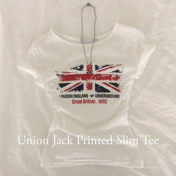 Hip Mood, Vintage Union Jack Print Delicate Slim Fit U-Neck Short Sleeve T-shirt