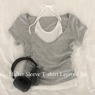 Guaranteed Fit, Halter Neck Back Ribbon Strap Slim Fit Sleeveless & Deep U-Neck Delicate Fit Plain Short Sleeve T-shirt Layered Set