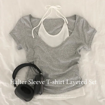 Guaranteed Fit, Halter Neck Back Ribbon Strap Slim Fit Sleeveless & Deep U-Neck Delicate Fit Plain Short Sleeve T-shirt Layered Set