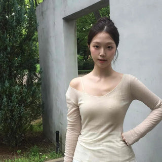Ribbed Slim Fit U-Neck See-through Inner Long Sleeve T-shirt