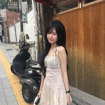 Heart Neck Bustier Ribbon Strap Shirred Pleated Flare Mini Dress