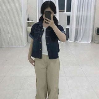 High-Waisted Side Pintuck Hem Button Snap Two-Way Wide Long Pants