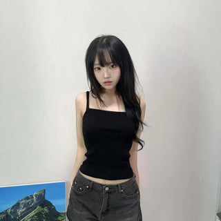 Ribbed Square Neck Stretchy Slim Fit Semi-Crop Sleeveless