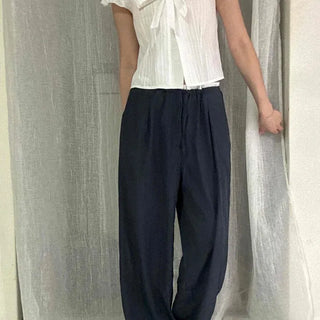 Cooling Nylon Crisp Contrast Layered Elastic Waist Pocket Wide Long Pants