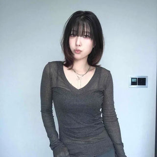 Deep V-Neck See-through Knit Slim Fit Long Sleeve T-shirt