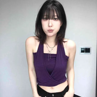 Halter Neck V-Neck Cutout Asymmetrical Slim Fit Spandex Sleeveless