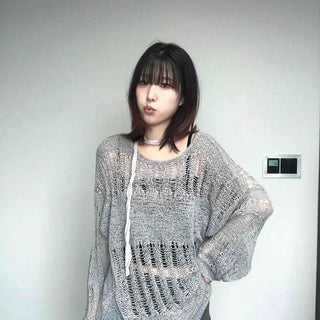 Mesh Knit Damaged See-through Boat Neck Loose Fit Long Sleeve T-shirt