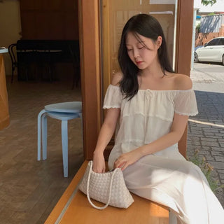 Bulky Linen Lace Banding Off-Shoulder Short Sleeve Blouse