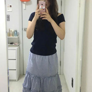 Check Frill Pleated High-Waisted Tiered Midi Skirt