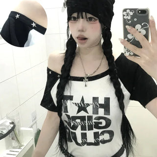 Purin Hip Girl Star Rivet Raglan One-Shoulder