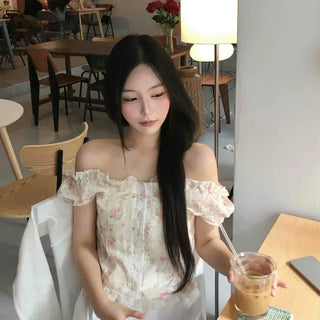 Off-shoulder Cap Sleeve Chiffon Lace Flower Frill Mother-of-Pearl Button Crop Blouse
