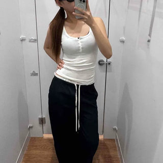 Contrast Layered String Elastic Nylon Wide Long Pants