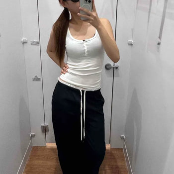 Contrast Layered String Elastic Nylon Wide Long Pants