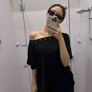 Boat Neck 3/4 Sleeve Eyelet Loose Fit Short Sleeve T-shirt