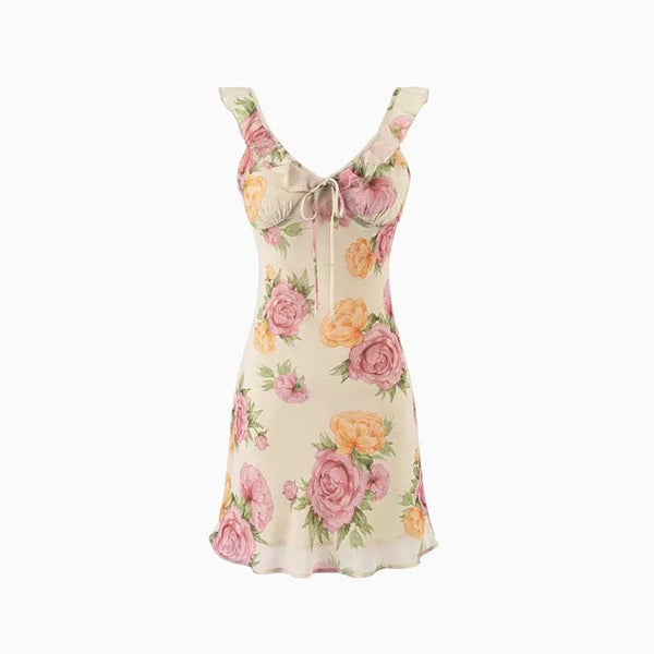 Vintage Rose Ruffle-Strap Mini Dress