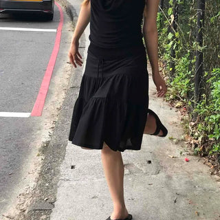 High-Waisted Tiered Mesh Shirred Frill Layered Elastic Waist Midi Skirt