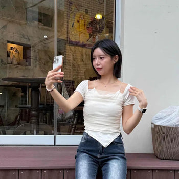 Stretchy Square Neck Shirred Slim Crop Short Sleeve T-shirt