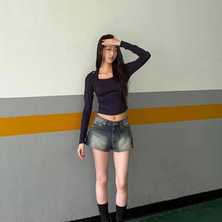Vintage Washed Denim Mid-Rise Wide Shorts