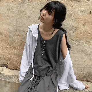 Nenti Linen Wood Bead Strap Shirred Zip-Up Hoodie