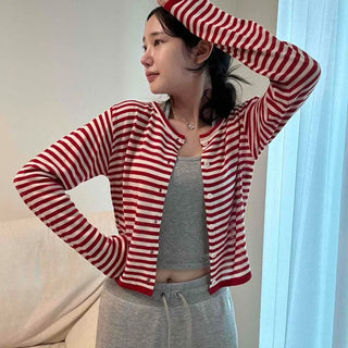 Striped Contrast Round Neck Loose Fit Crop Knit Cardigan