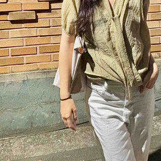 Chiffon V-neck Puff Sleeve Shirred Tie Blouse