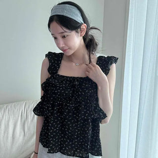 Small Floral Chiffon Frill Tiered Square Neck Sleeveless Elastic Blouse