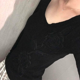 Flower Embroidered Ribbed U-Neck Slim Fit Long Sleeve T-Shirt
