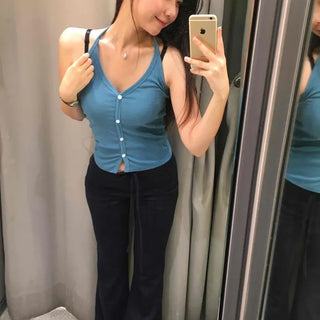 Ribbed Halter Neck V-Neck Button Slim Fit Semi-Crop Sleeveless
