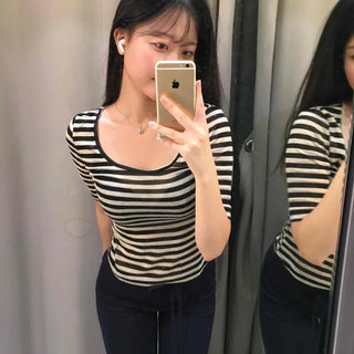 Modal Striped Round Neck Slim Fit Short Sleeve T-shirt