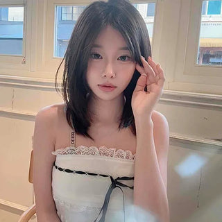 Lace Frill Contrast Ribbon Pintuck Smocked Banding Cinched Waist Square Neck Tube Top Sleeveless