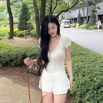 V-neck Button Short Sleeve Cardigan Knit