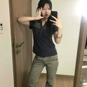 V-Neck Button Slim Fit Cotton Short Sleeve T-Shirt