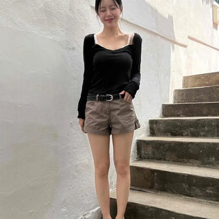 Crisp Cotton Button-Detail Cargo Wide Low-Rise Shorts