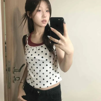 Dot Ribbon Strap Layered Slim Fit Spandex Sleeveless