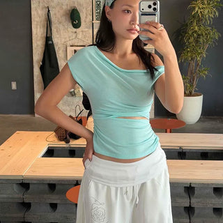 Modal Shirred Boat Neck Cap Sleeve Crop Slim Fit Side Slit Short Sleeve T-shirt