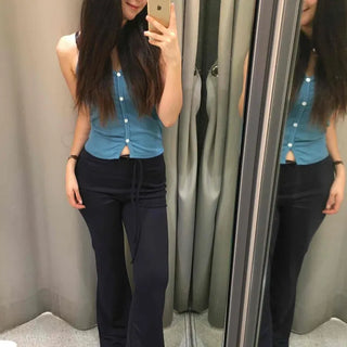 Stretchy Training Elastic Waist Pocket Button Bootcut Long Pants