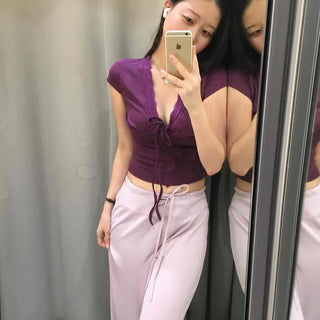 Deep V-Neck Cap Sleeve Cutout Slim Fit Crop Short Sleeve Tee