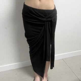 Strap Low-Rise Slit Asymmetrical Stretch Long Skirt