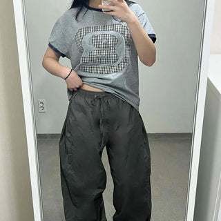 Air Nylon Pintuck Elastic Waist Balloon Fit Snap Hem Long Pants