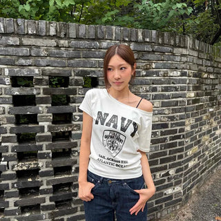 Lettering Print Boat Neck Loose Fit Boxy Short Sleeve Tee