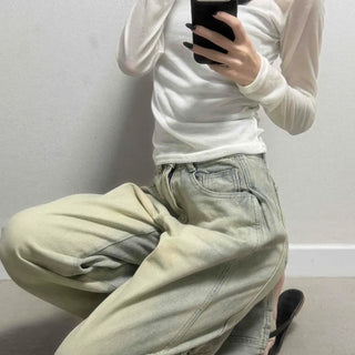 Pintuck Wide Ribbed Fit Vintage Washed Jeans