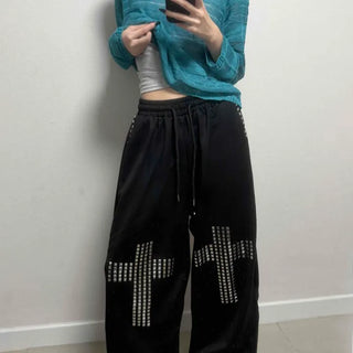 Big Cross Cubic Elastic Waist Pocket Cotton Blend Wide Long Training Pants