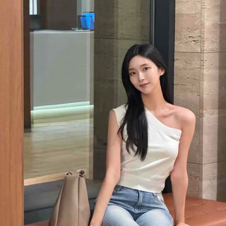 Asymmetrical Slit Shoulder Slim Fit Knit Sleeveless