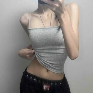 Built-in Padded Shirred Square Neck Strap Sleeveless Semi-Crop Sleeveless
